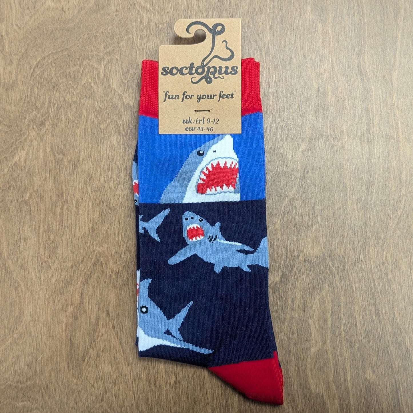 Shark Socks - Adult 9-12, Royal Blue/Red