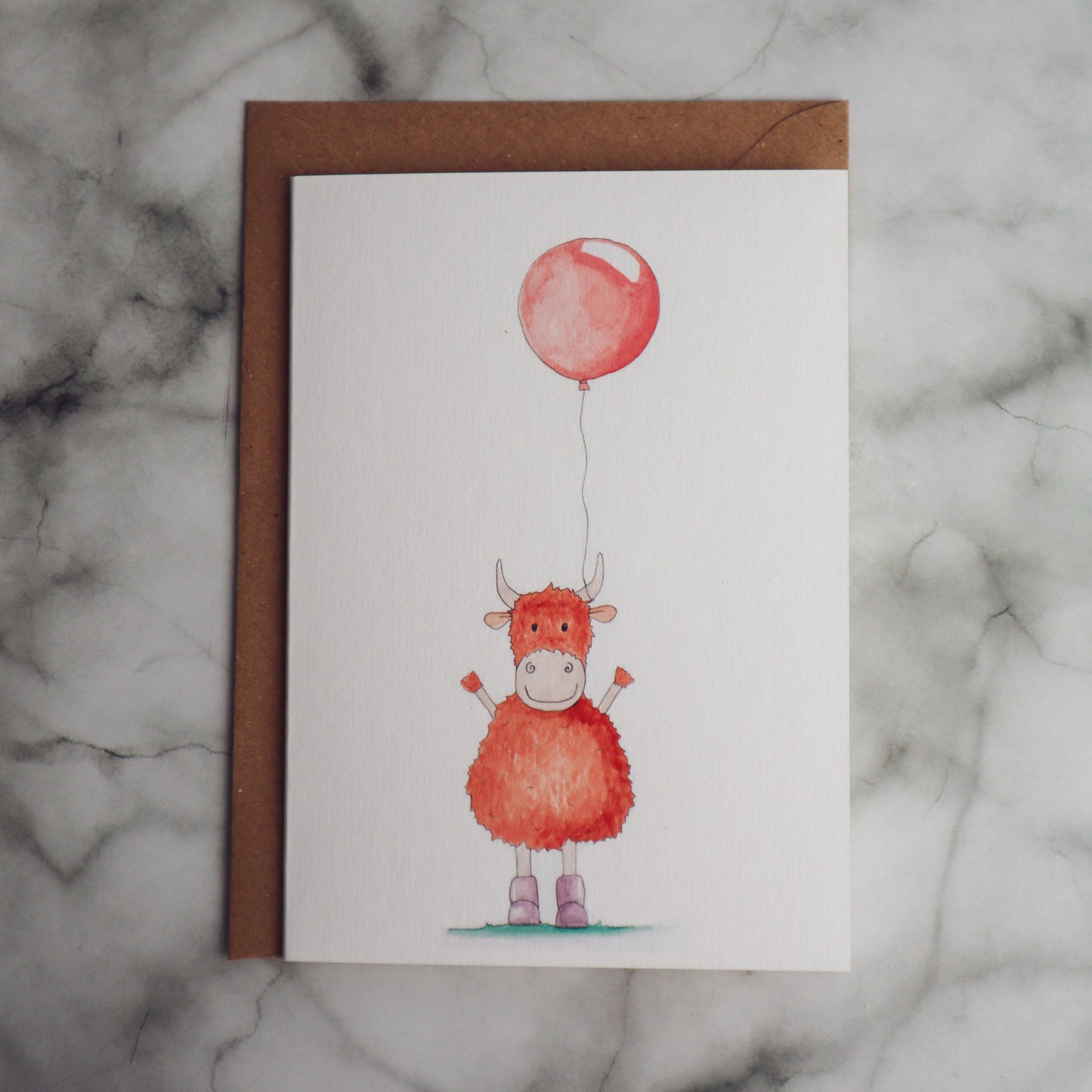 Greetings Card, Highland Coo Balloon