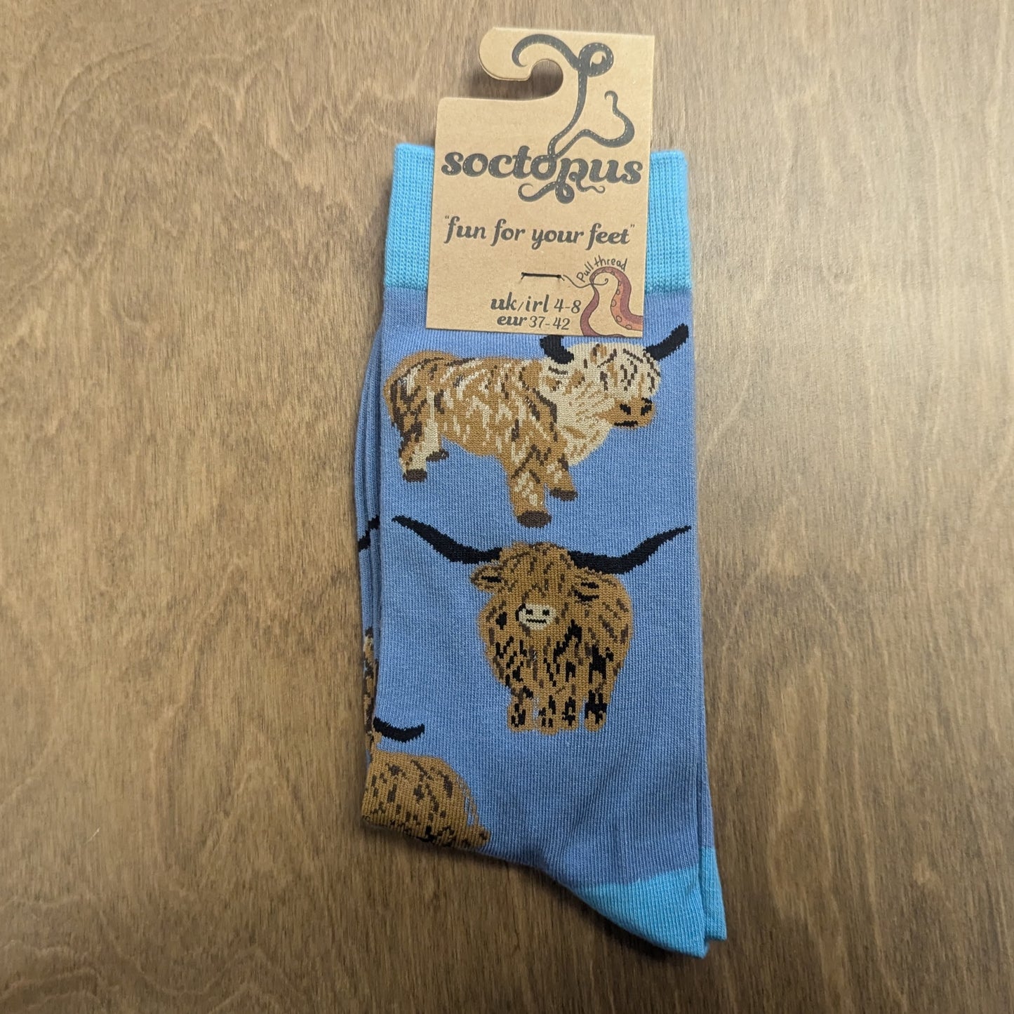 Highland Coo Socks - Adult 4-8, Denim blue/aqua blue