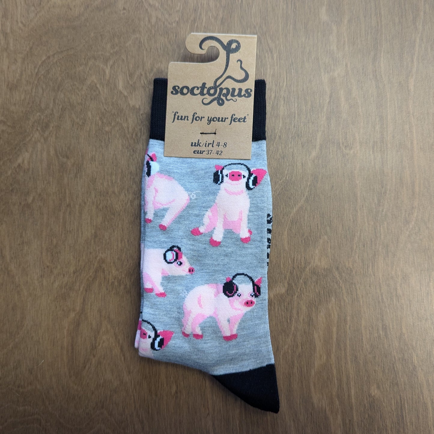 Pig in Headphones Socks - Adult 4-8, Light grey/black