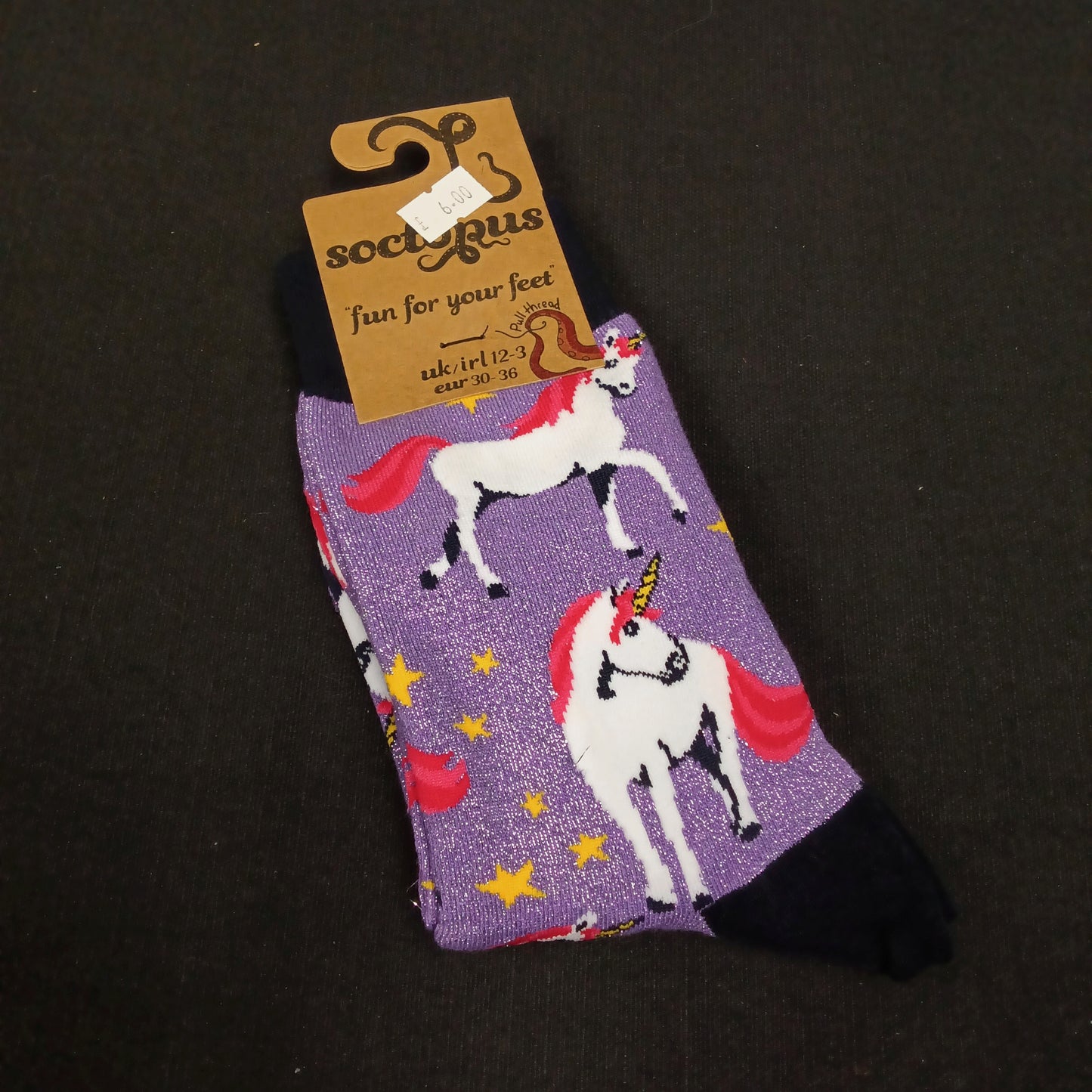 Unicorn Socks- Child 12-3, purple lurex and black.