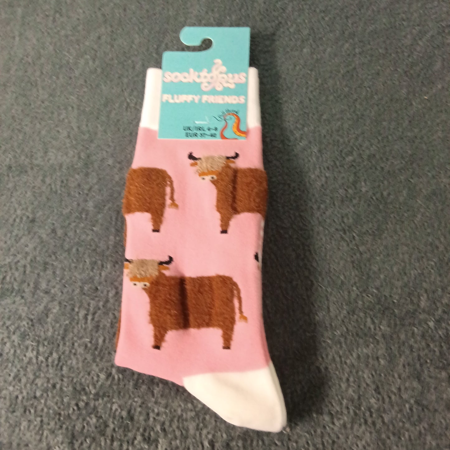 Fluffy Friends Highland Cow Socks - Adult 4-8, Pink and white