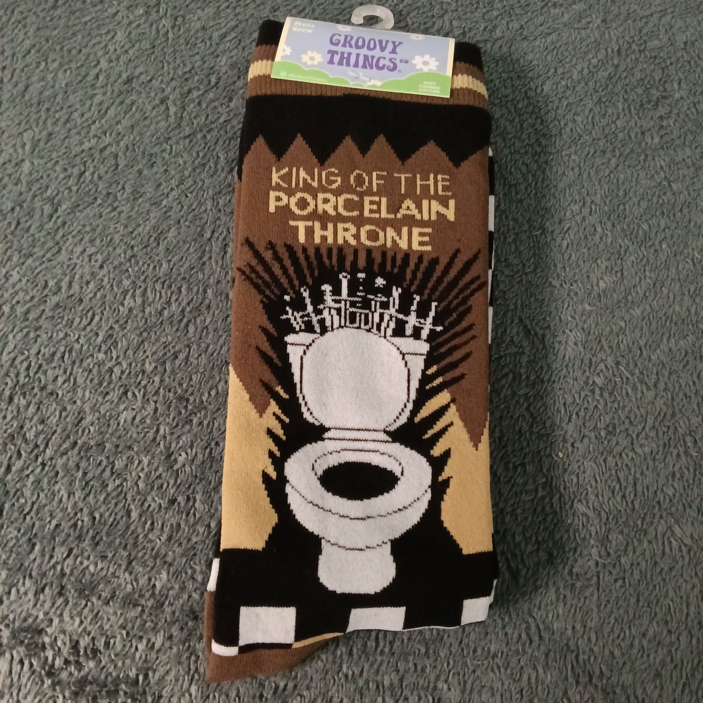 Groovy Things King of the Porcelain Throne Socks - Adult 9-12, Black Brown multi